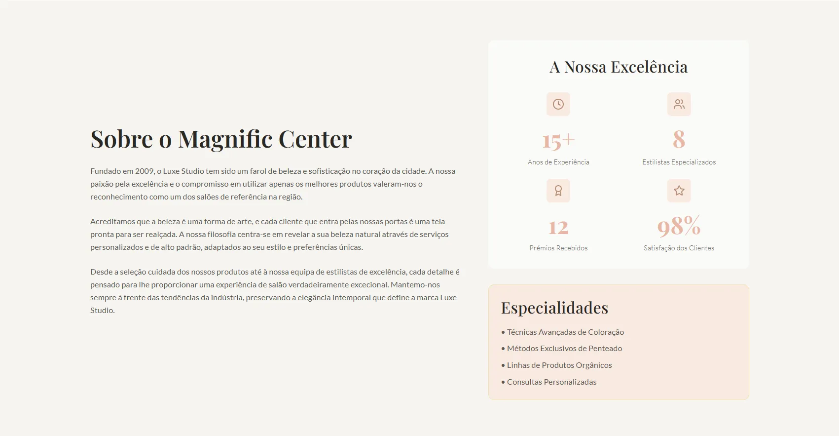 Secção Sobre do Magnific Center, com o texto do salão e um painel de números.